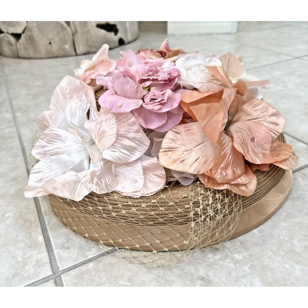 Vintage Whittall & Shon Embellish Wide Brim Netting Floral USA Hat Church Party